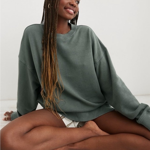 aerie the chill crew sweatshirt royal palm green xxs